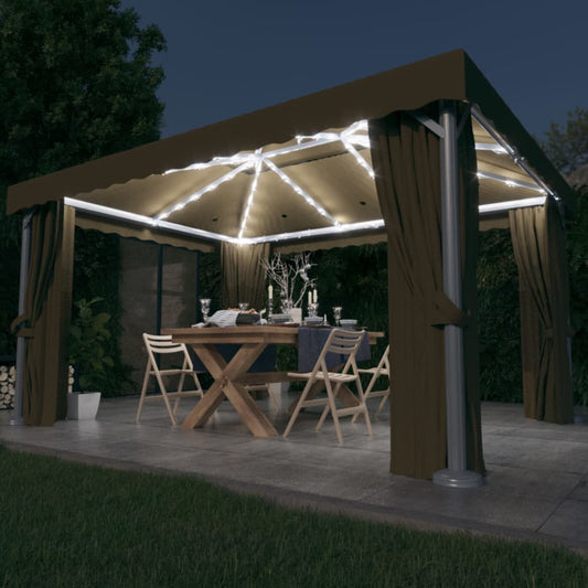 vidaXL Cenador con cortina y tira de luces LED aluminio taupé 4x3 m