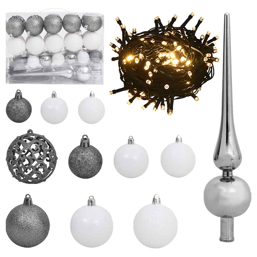 vidaXL Set de bolas de Navidad 61 pzas con pico 150 LED blanco y gris