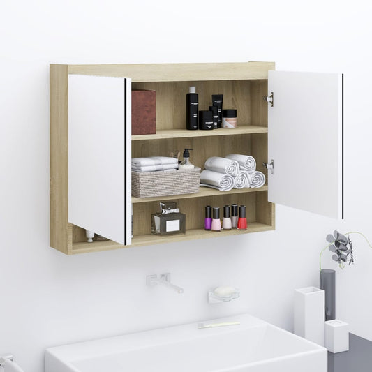 vidaXL Armario de baño con espejo MDF blanco y roble 80x15x60 cm