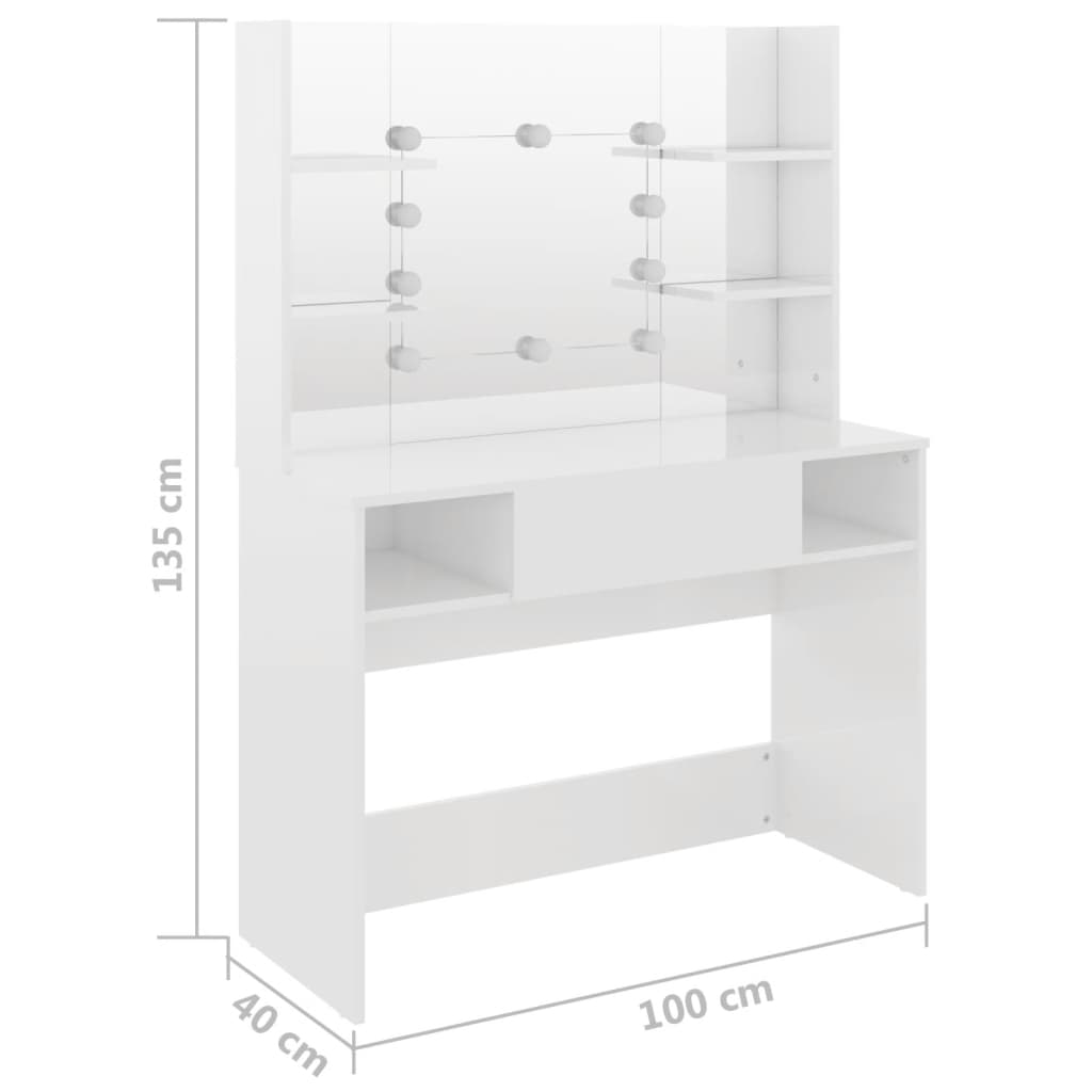 vidaXL Tocador de maquillaje luces LED MDF blanco brillo 100x40x135 cm