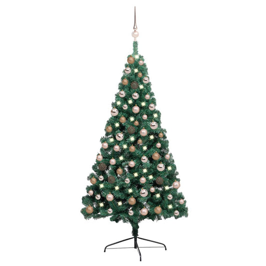 vidaXL Medio árbol de Navidad con luces y bolas verde 150 cm