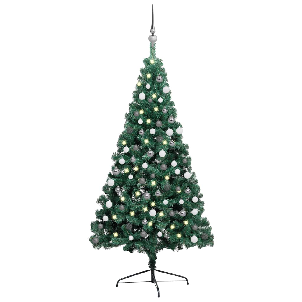 vidaXL Medio árbol de Navidad con luces y bolas verde 120 cm