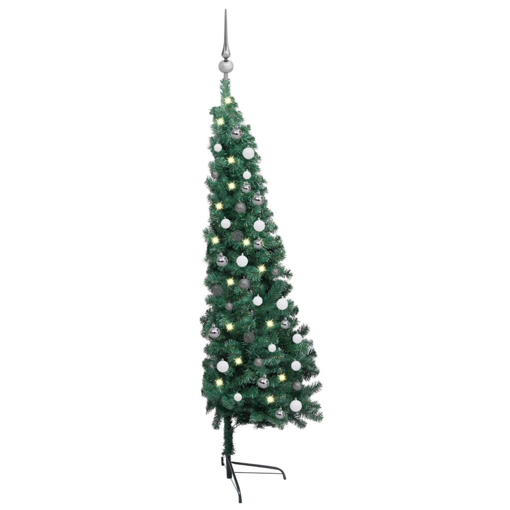 vidaXL Medio árbol de Navidad con luces y bolas verde 120 cm