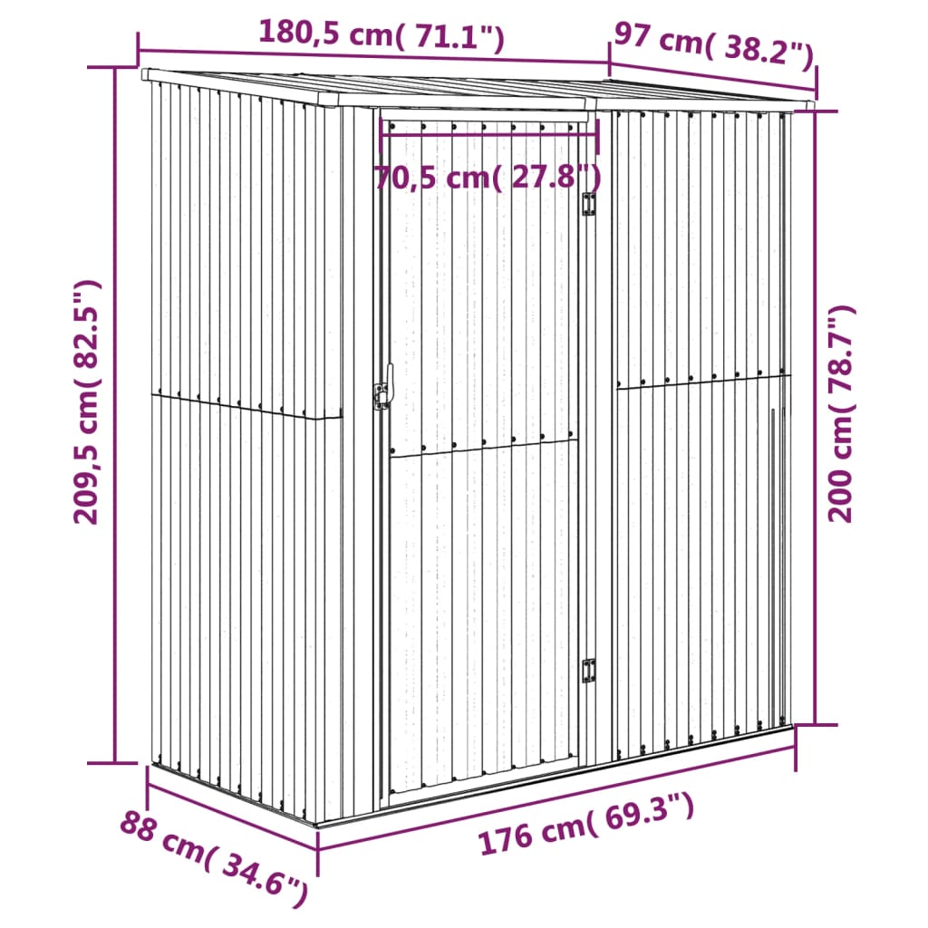 vidaXL Cobertizo de jardín acero galvanizado gris 180,5x97x209,5 cm