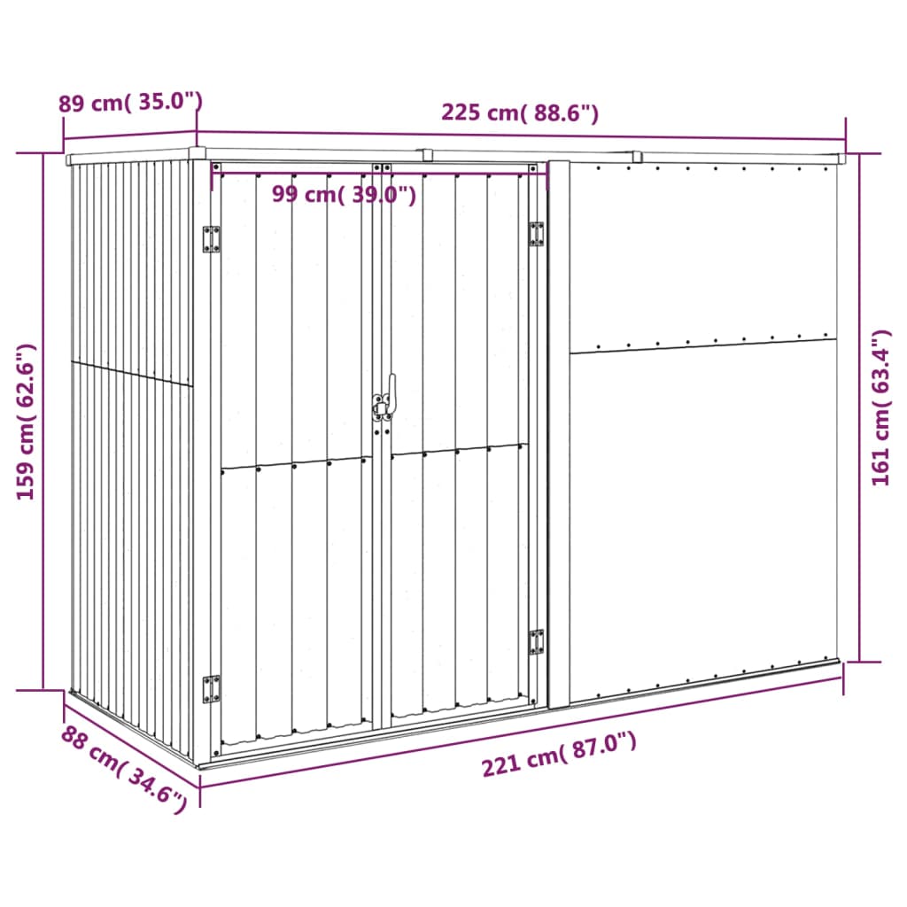 vidaXL Cobertizo herramientas jardín acero galvanizado 225x89x161