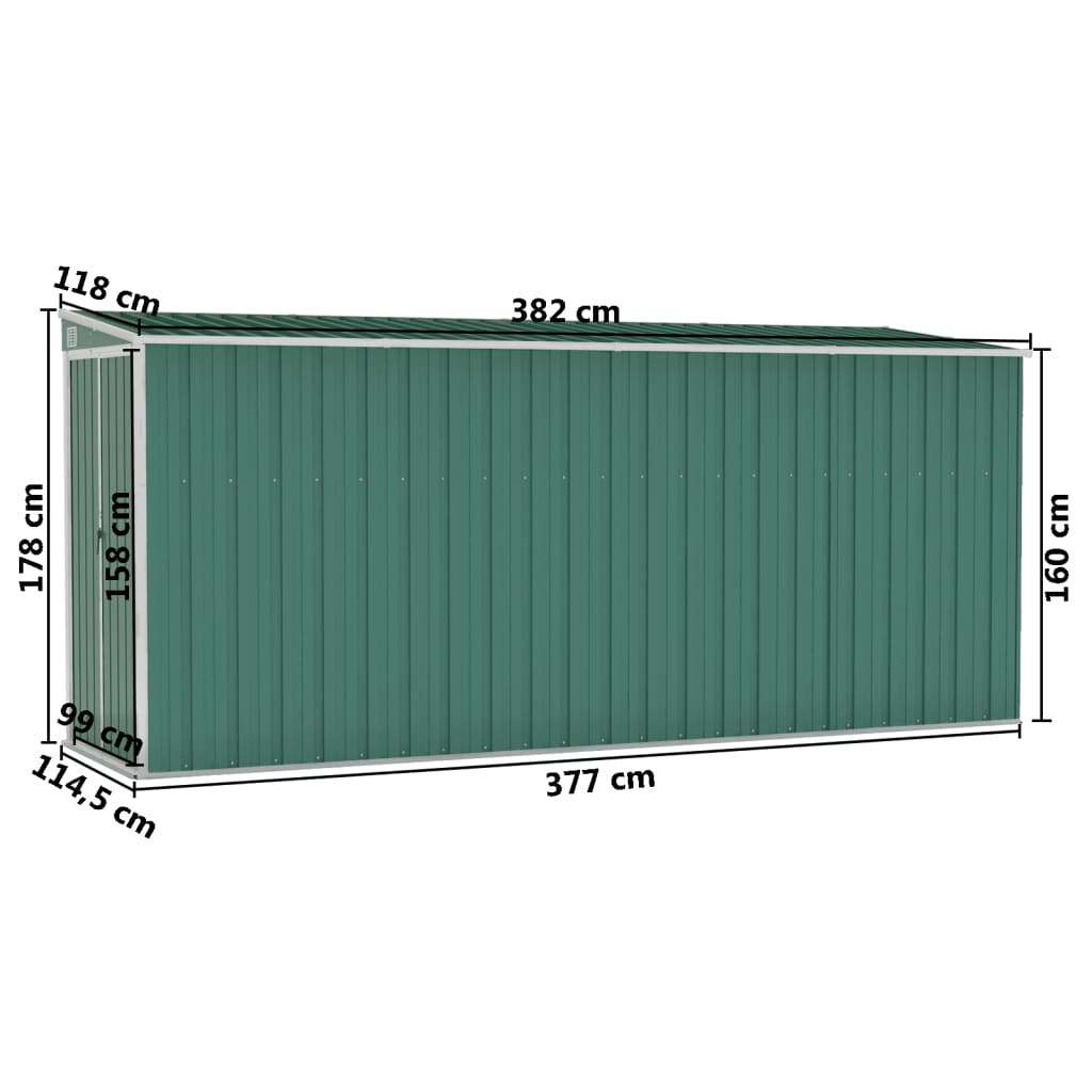 vidaXL Cobertizo jardín pared acero galvanizado verde 118x382x178 cm