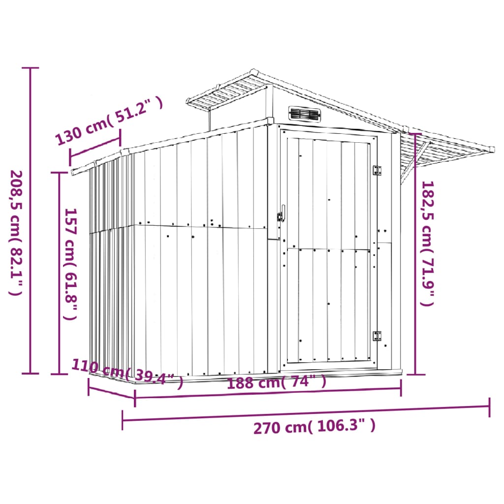 vidaXL Cobertizo de jardín acero galvanizado marrón 270x130x208,5 cm