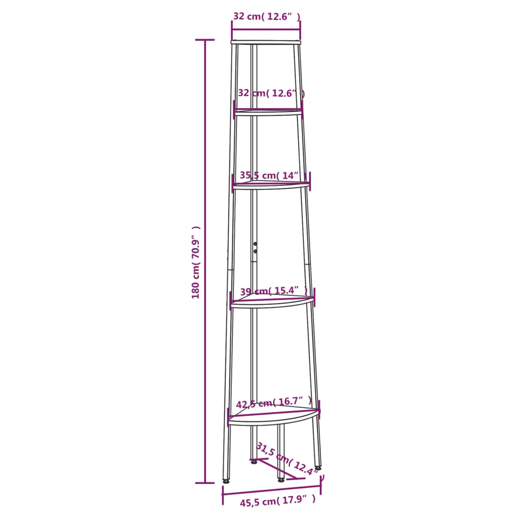 vidaXL Estantería de esquina de 5 niveles negra 45,5x31,5x180 cm