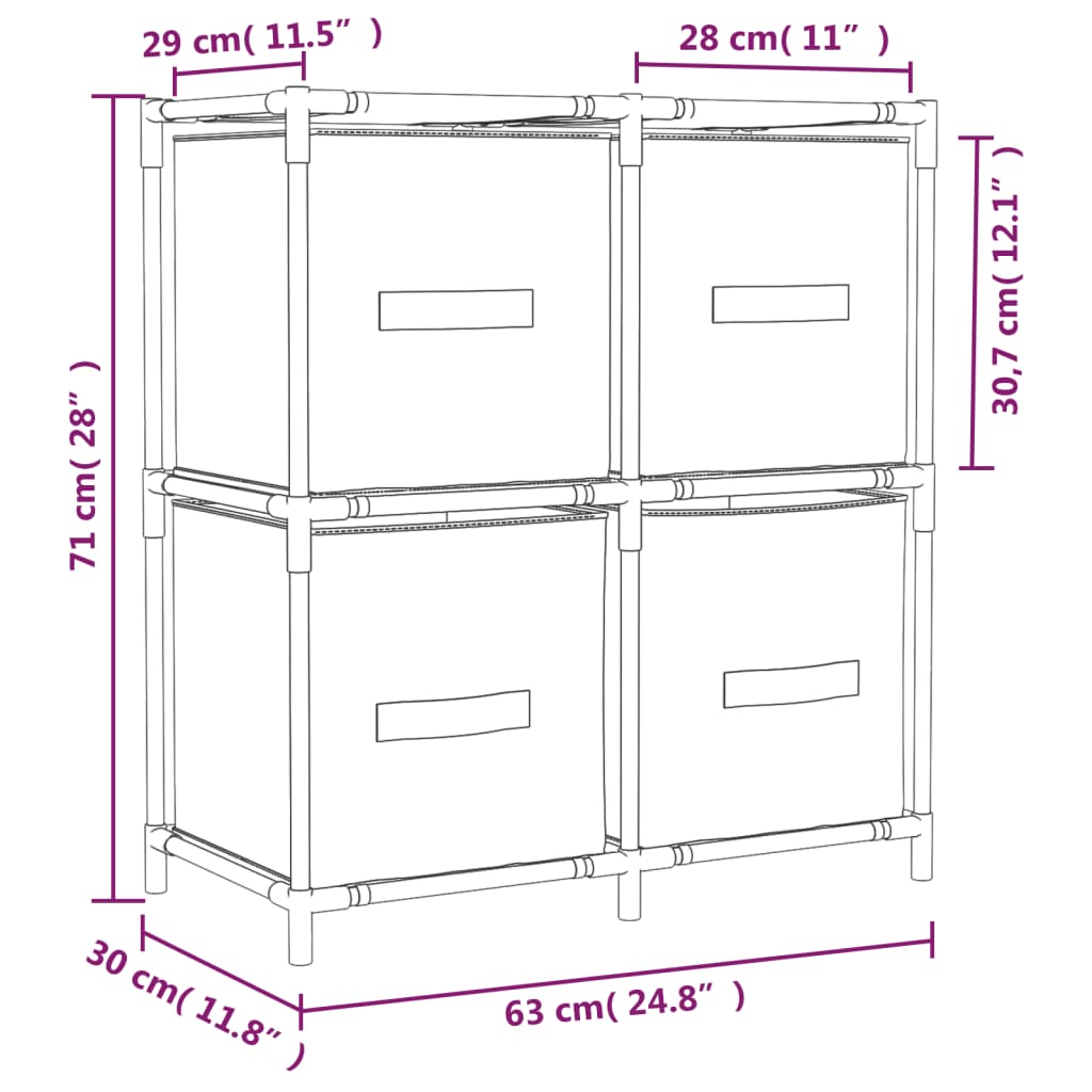 vidaXL Armario almacenaje de acero con 4 cestas tela crema 63x30x71 cm