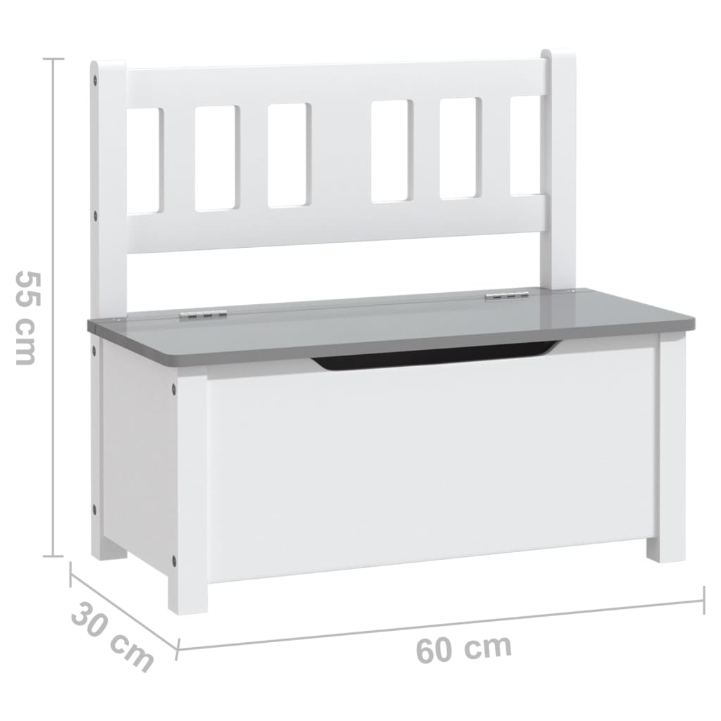 vidaXL Banco de almacenaje para niños MDF blanco y gris 60x30x55 cm