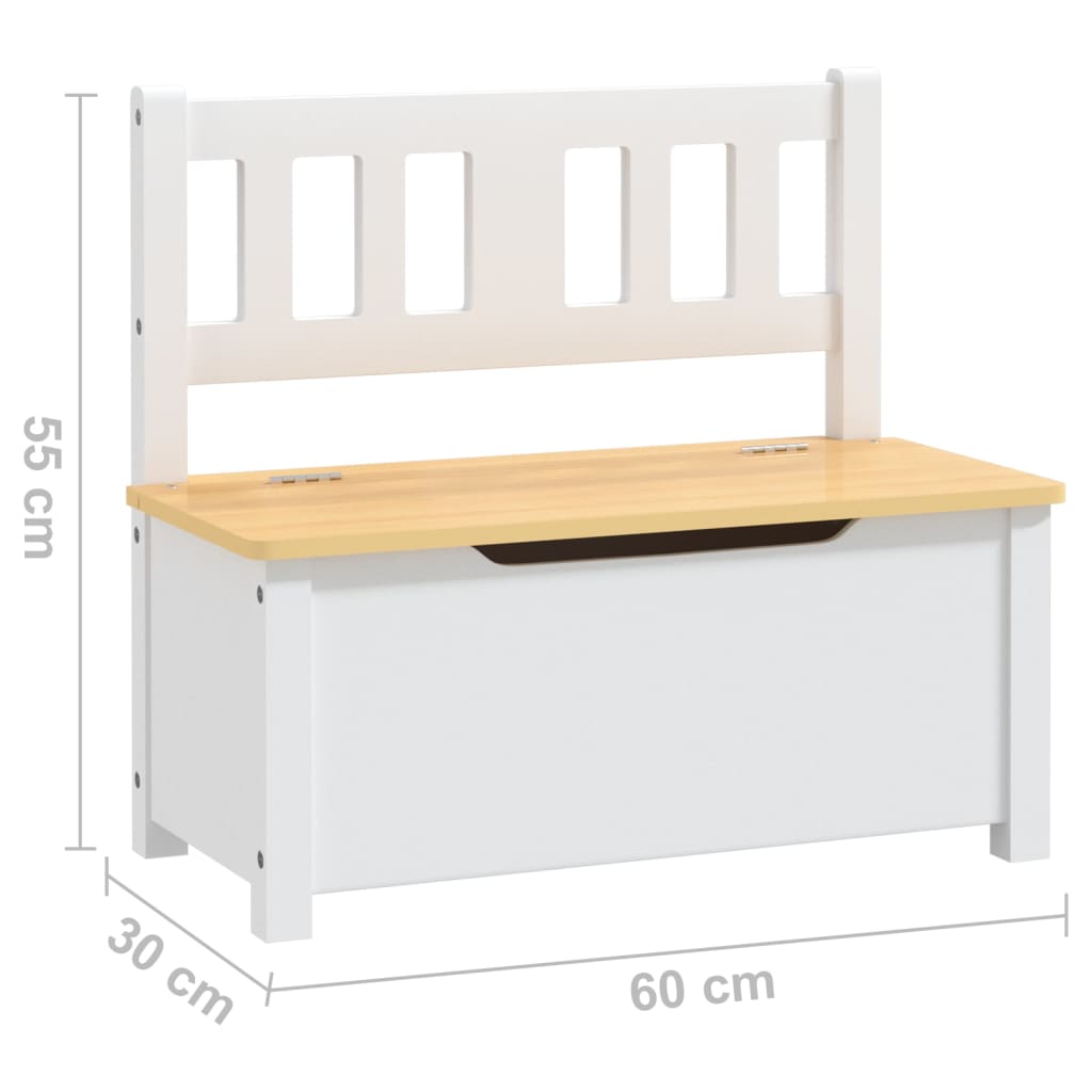 vidaXL Banco de almacenaje para niños MDF blanco y beige 60x30x55 cm