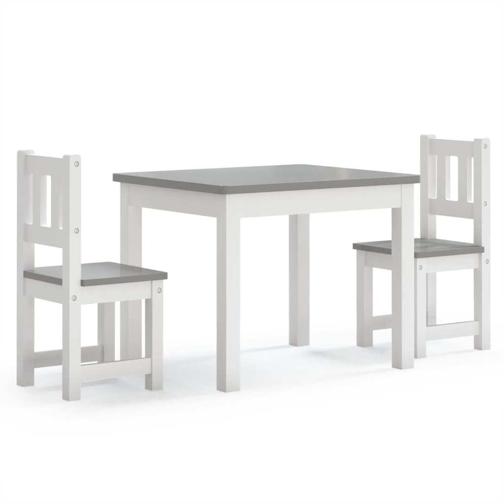 vidaXL Mesa y sillas infantiles 3 piezas MDF blanco y gris