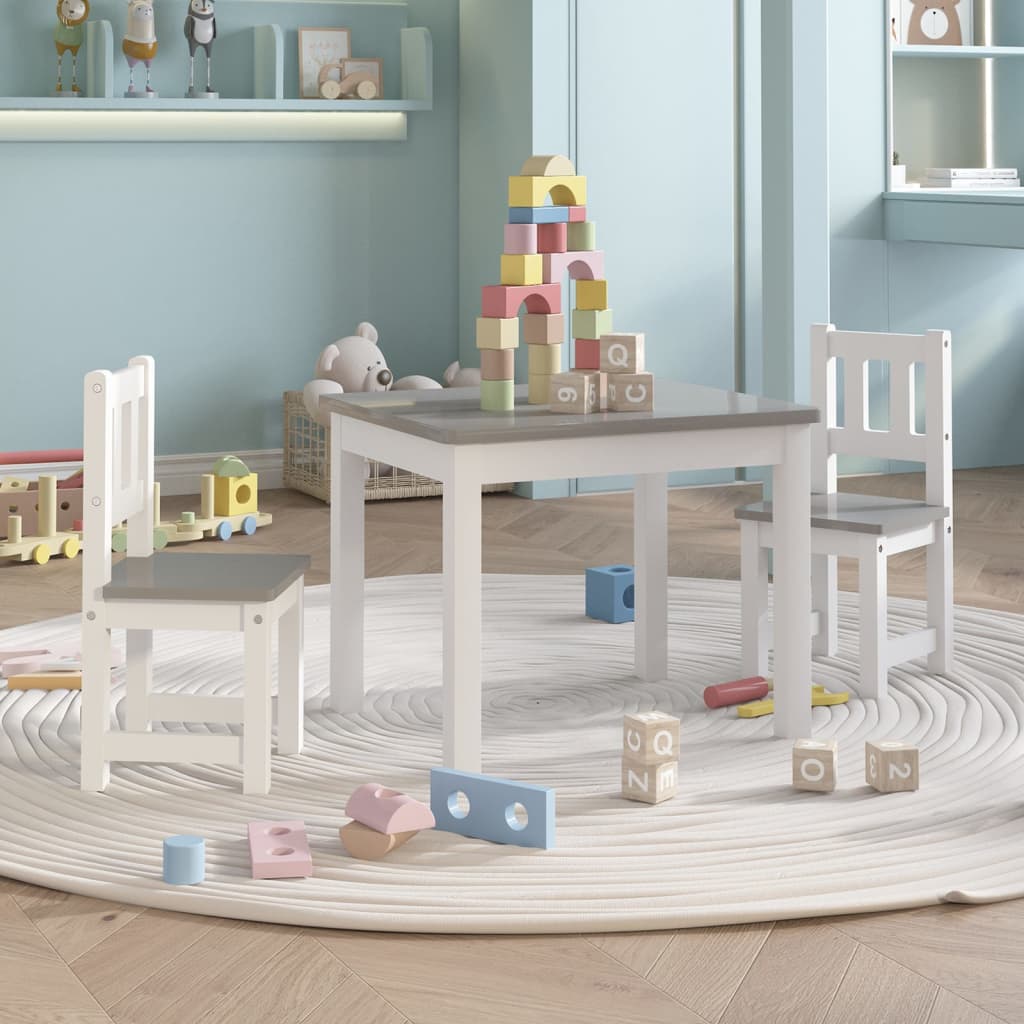 vidaXL Mesa y sillas infantiles 3 piezas MDF blanco y gris