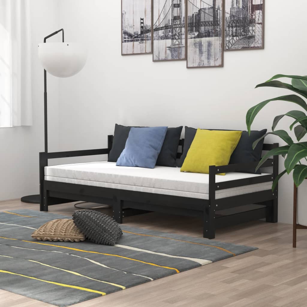 vidaXL Sofá cama extraíble madera maciza de pino negro 2x(90x200) cm