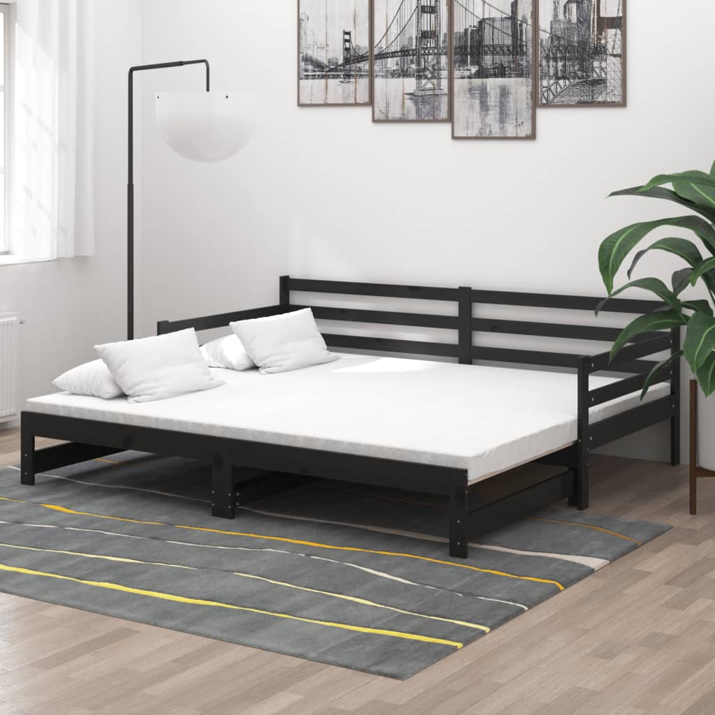 vidaXL Sofá cama extraíble madera maciza de pino negro 2x(90x200) cm