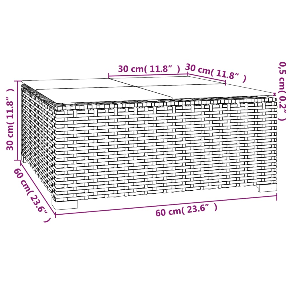 vidaXL Mesa de jardín ratán sintético y vidrio negra 60x60x30 cm