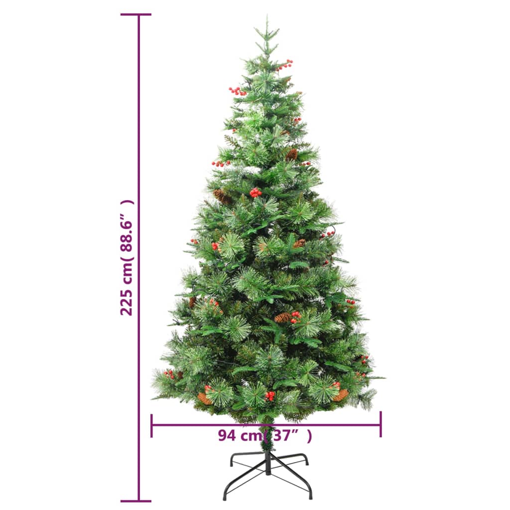 vidaXL Árbol de Navidad con luces y piñas PVC PE verde 225 cm