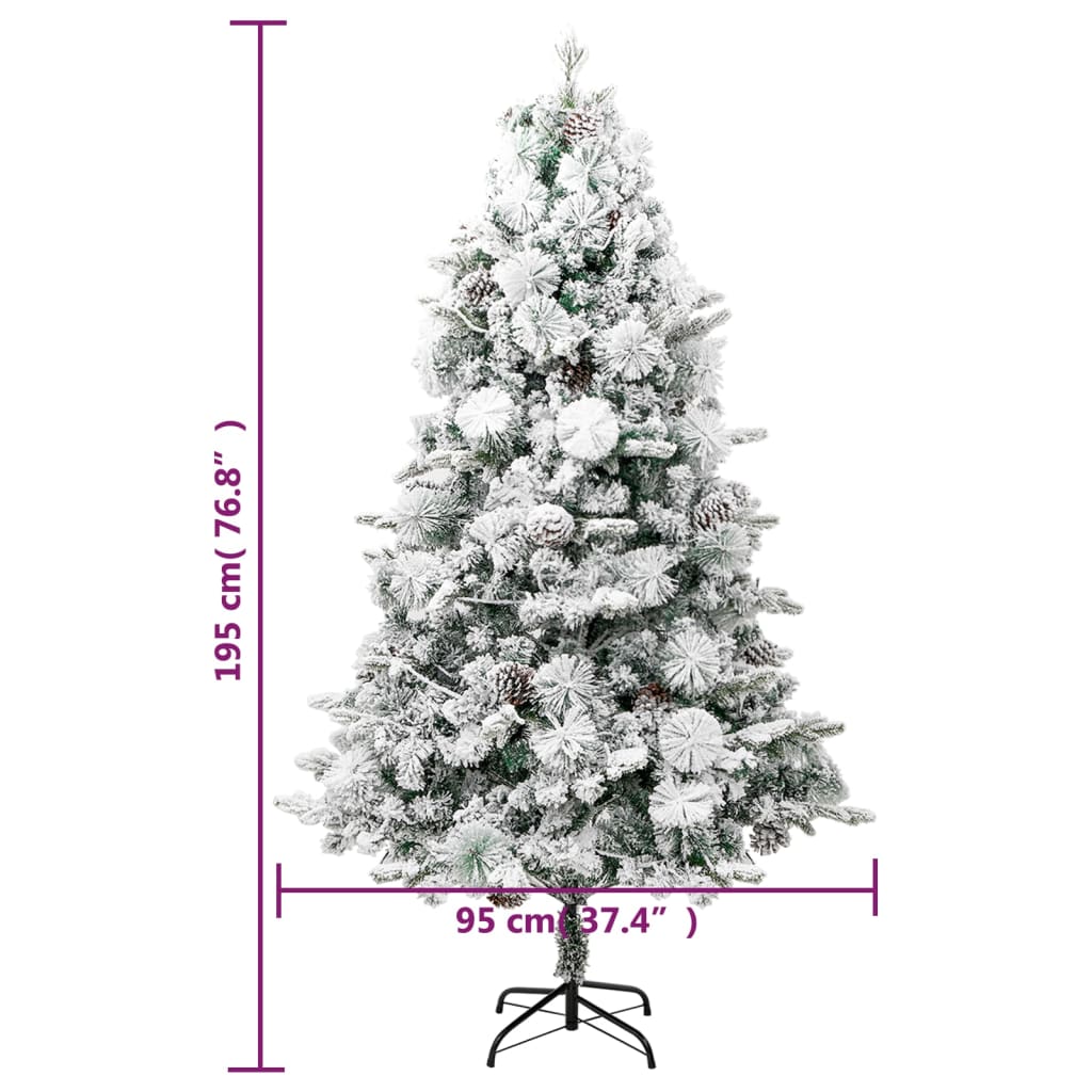 vidaXL Árbol de Navidad con nieve, luces LED y piñas PVC y PE 195 cm