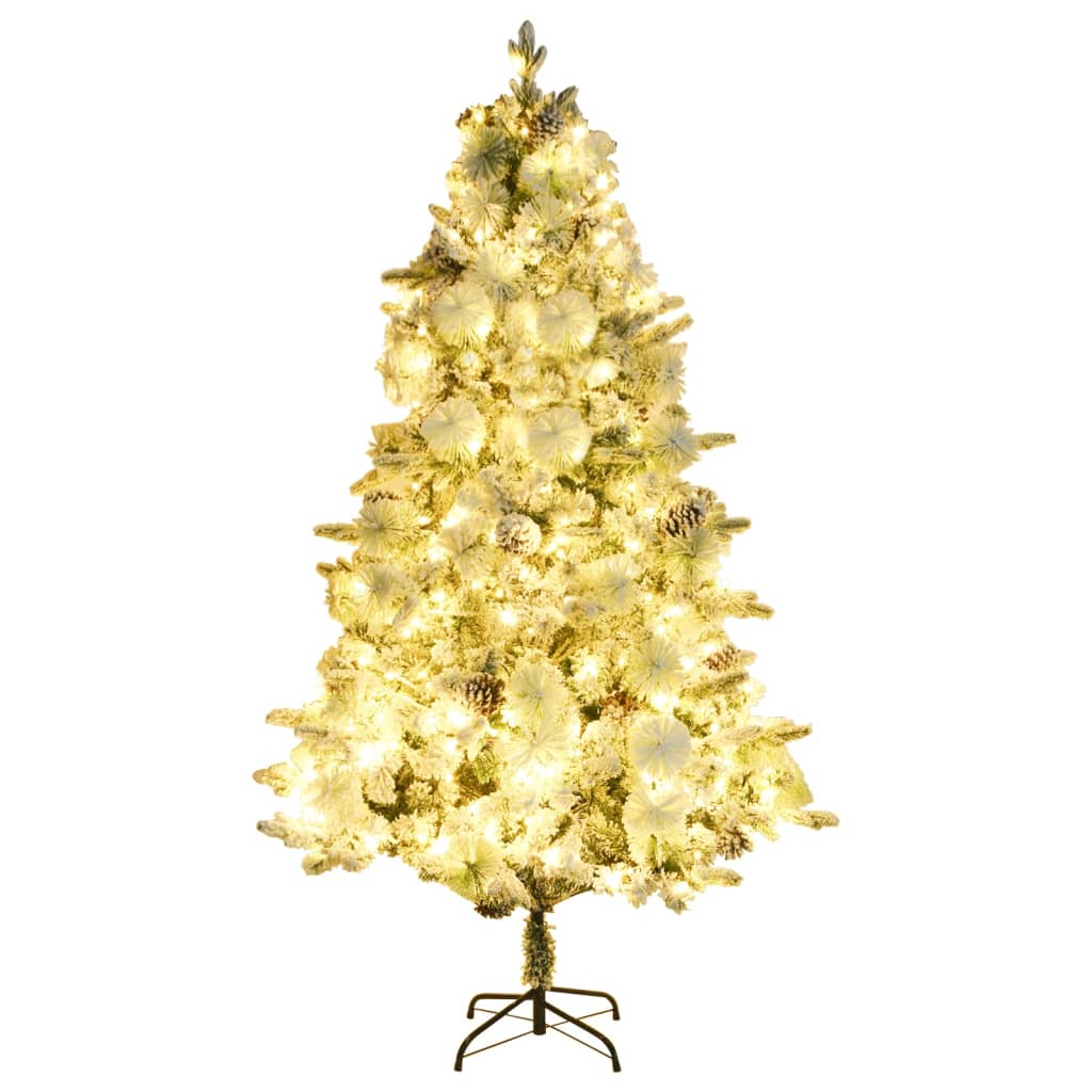 vidaXL Árbol de Navidad con nieve, luces LED y piñas PVC y PE 225 cm