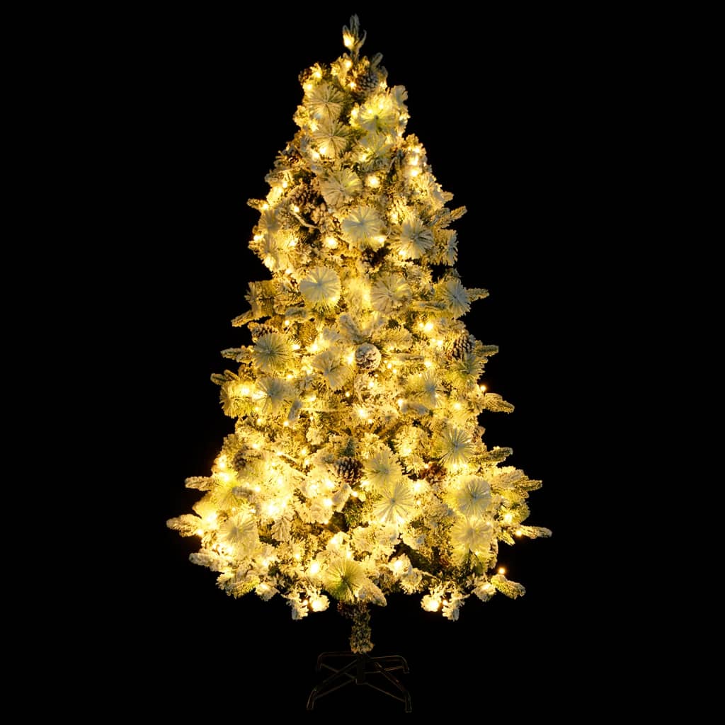 vidaXL Árbol de Navidad con nieve, luces LED y piñas PVC y PE 225 cm
