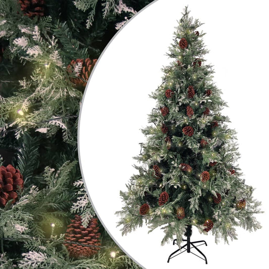 vidaXL Árbol de Navidad con luces y piñas PVC PE verde y blanco 195 cm