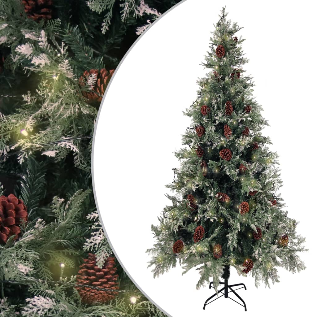 vidaXL Árbol de Navidad con luces y piñas PVC PE verde y blanco 225 cm