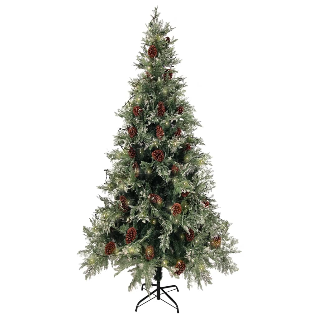 vidaXL Árbol de Navidad con luces y piñas PVC PE verde y blanco 225 cm