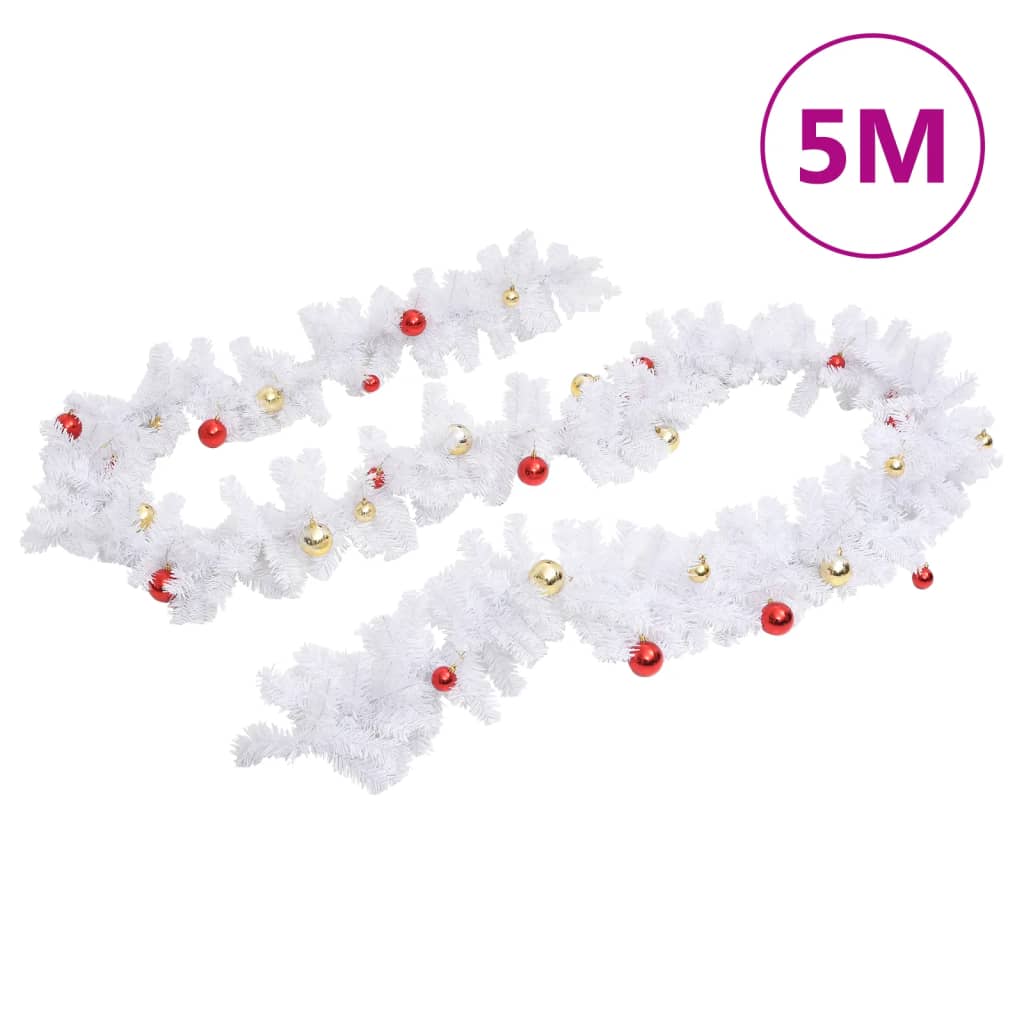 vidaXL Guirnalda de Navidad decorada con bolas blanco 5 m