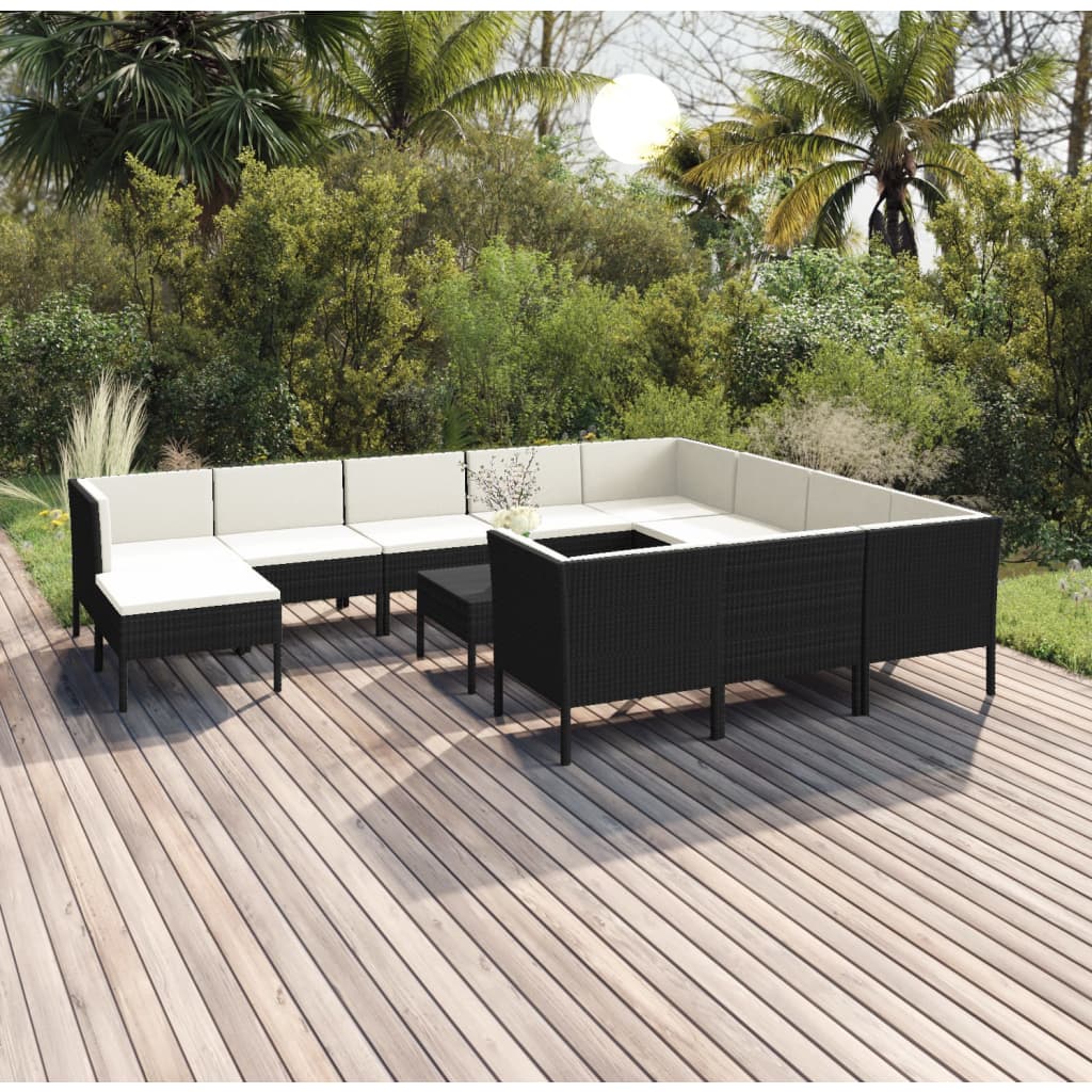 vidaXL Set muebles de jardín 12 pzas y cojines ratán sintético negro