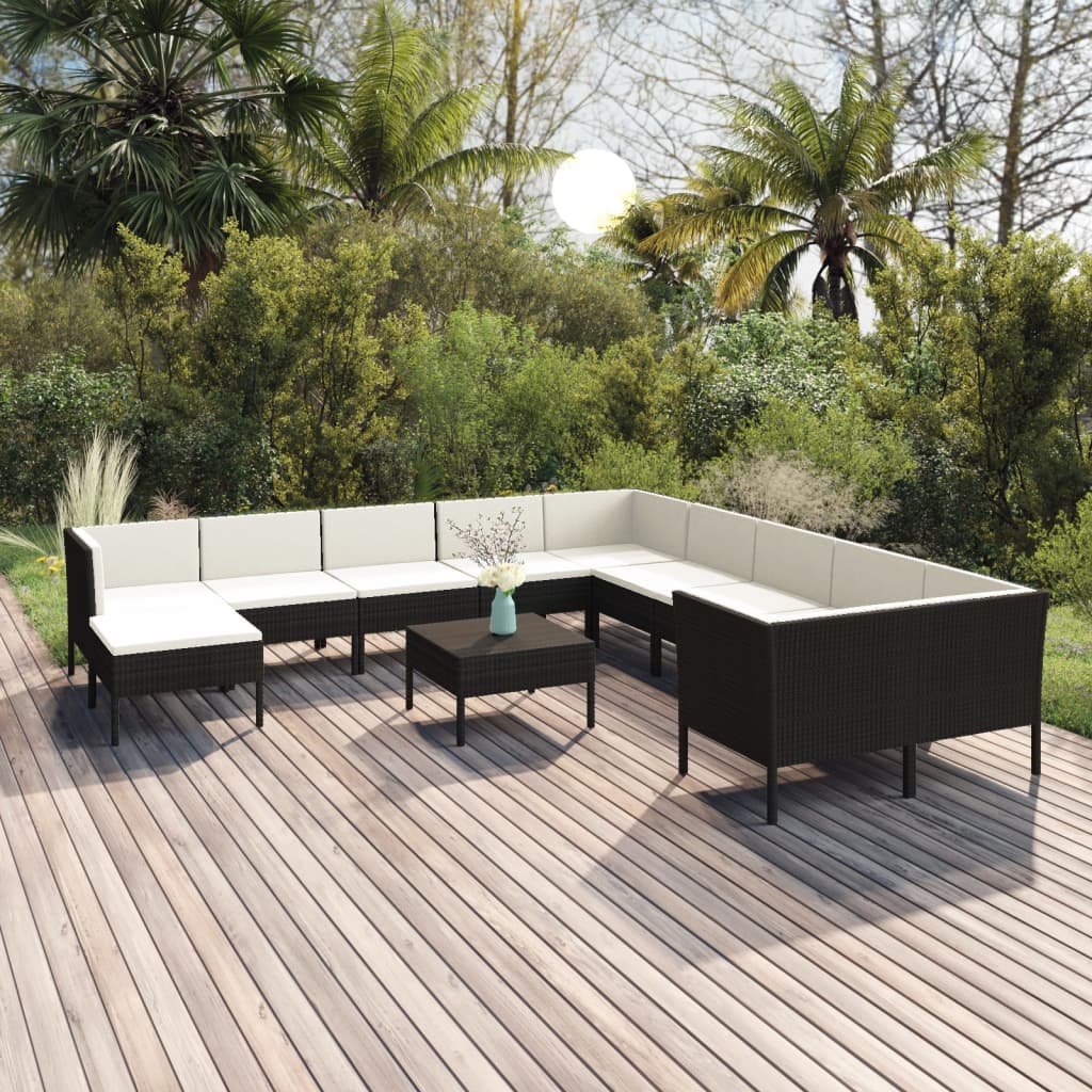 vidaXL Set muebles de jardín 12 pzas y cojines ratán sintético negro