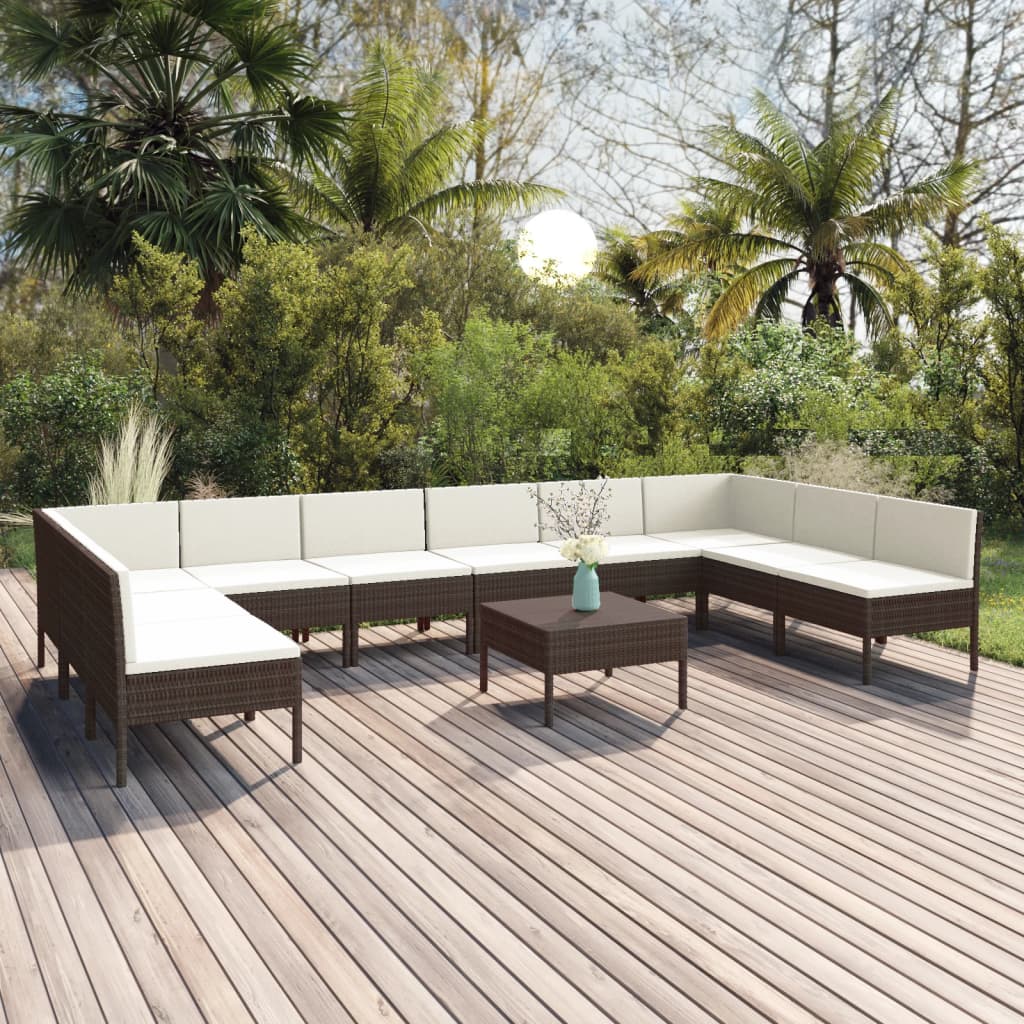 vidaXL Set muebles de jardín 11 pzas y cojines ratán sintético marrón