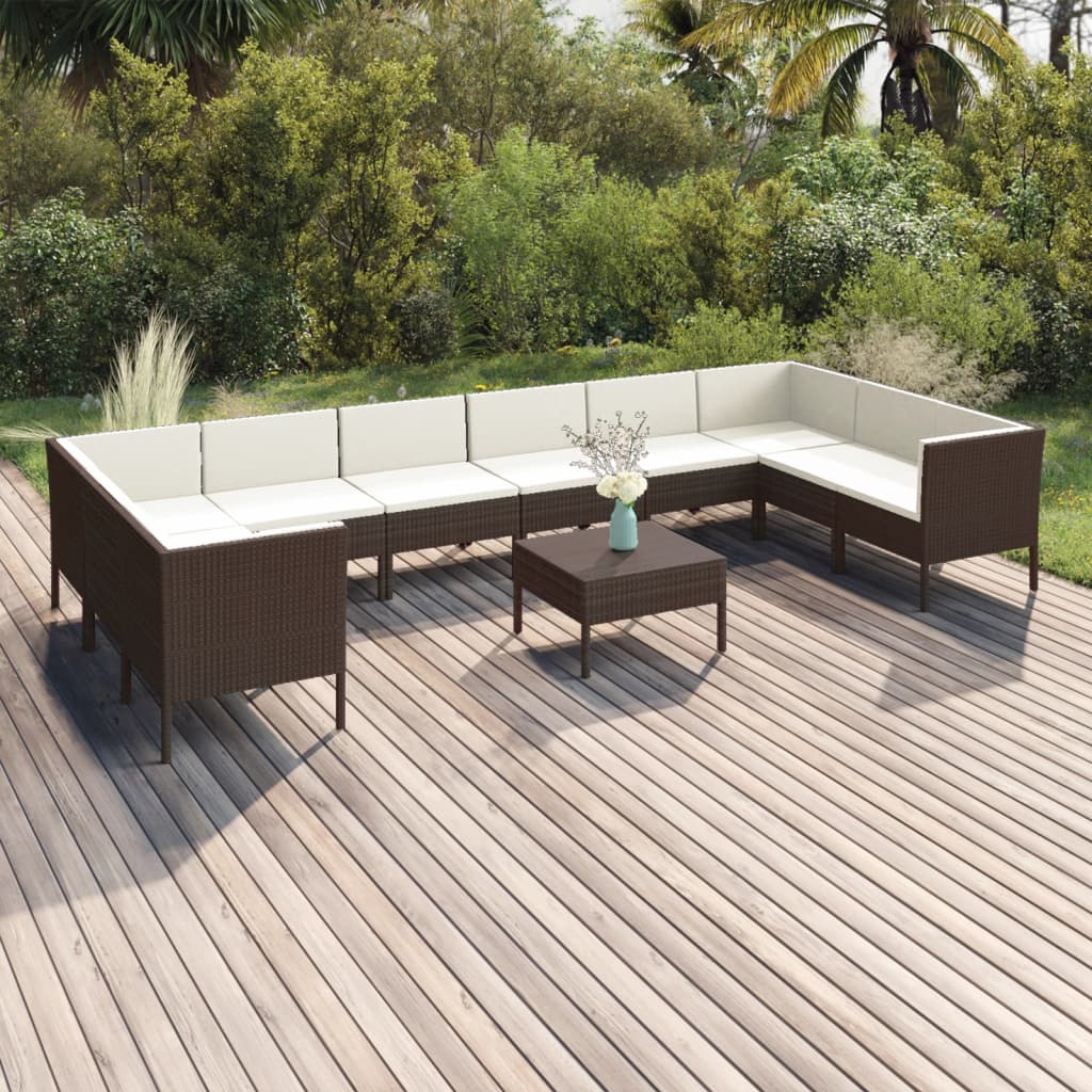 vidaXL Set muebles de jardín 11 pzas y cojines ratán sintético marrón