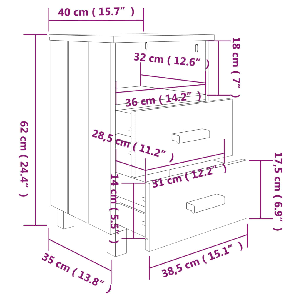 vidaXL Mesita de noche HAMAR madera pino maciza marrón miel 40x35x62cm