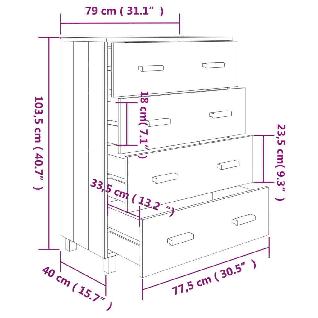 vidaXL Aparador HAMAR madera pino maciza marrón miel 79x40x103,5 cm