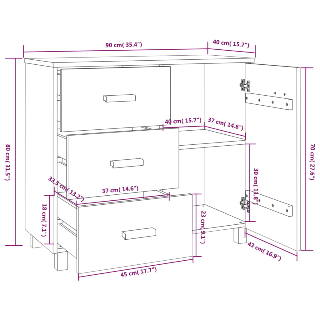 vidaXL Aparador HAMAR madera de pino maciza marrón miel 90x40x80 cm