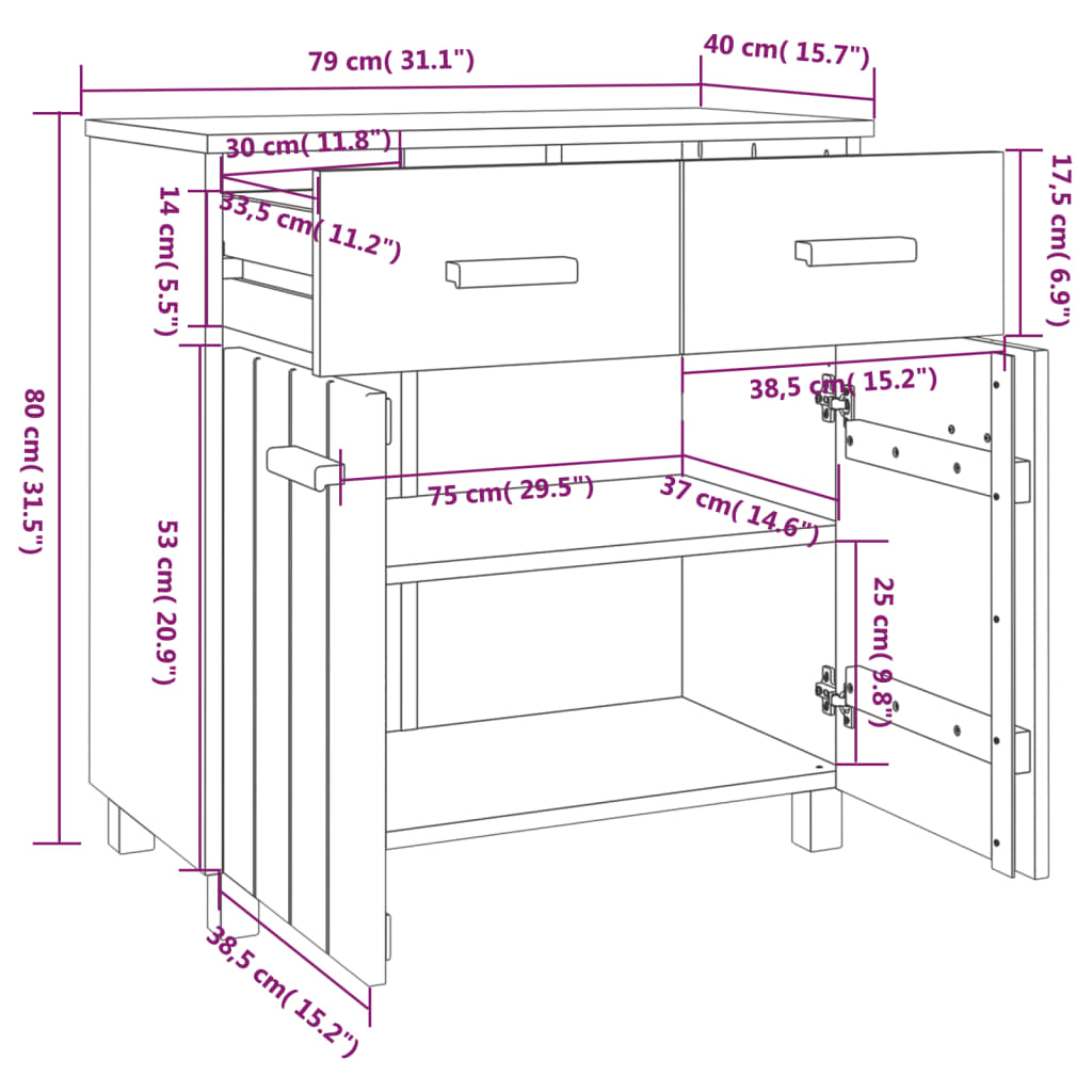 vidaXL Aparador HAMAR madera de pino maciza marrón miel 79x40x80cm