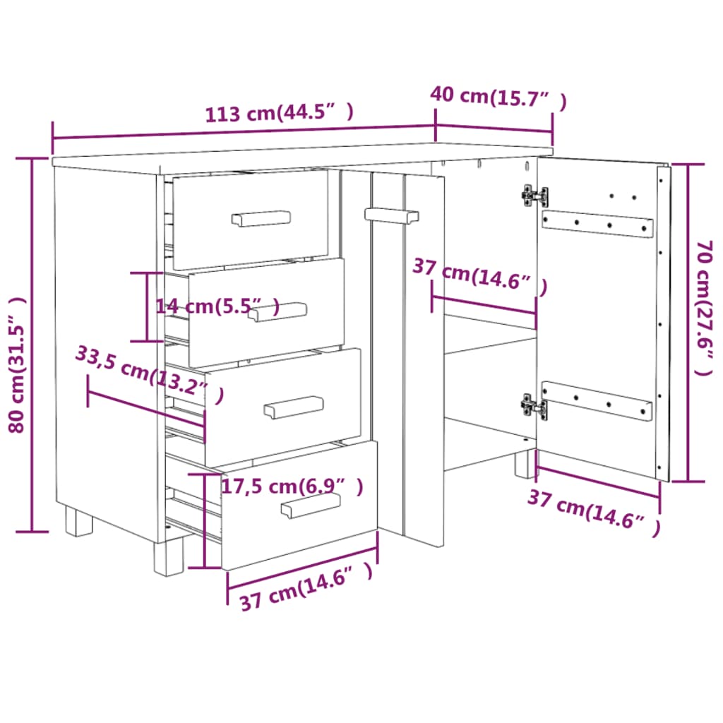 vidaXL Aparador HAMAR madera de pino maciza marrón miel 113x40x80 cm