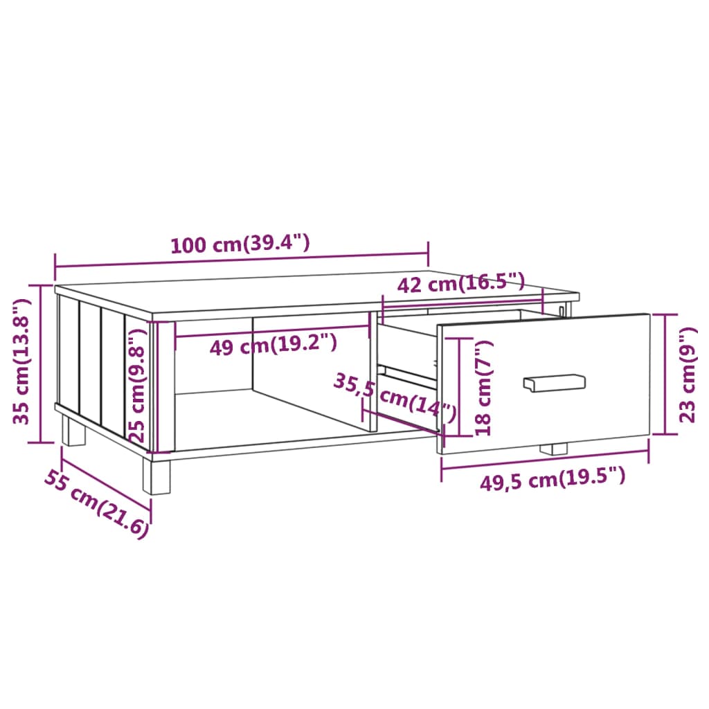 vidaXL Mesa de centro HAMAR madera maciza pino marrón miel 100x55x35cm