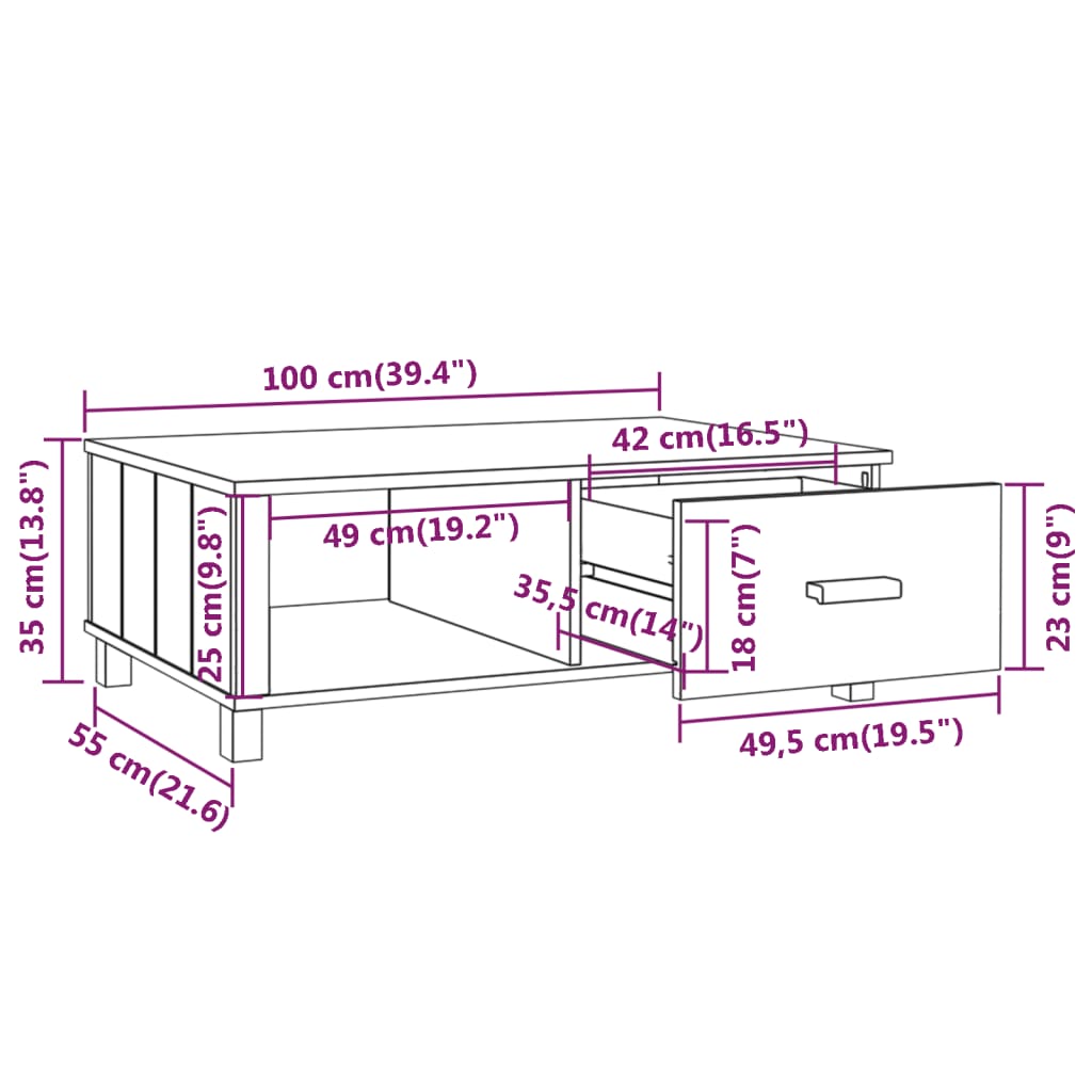 vidaXL Mesa de centro HAMAR madera maciza de pino blanco 100x55x35 cm