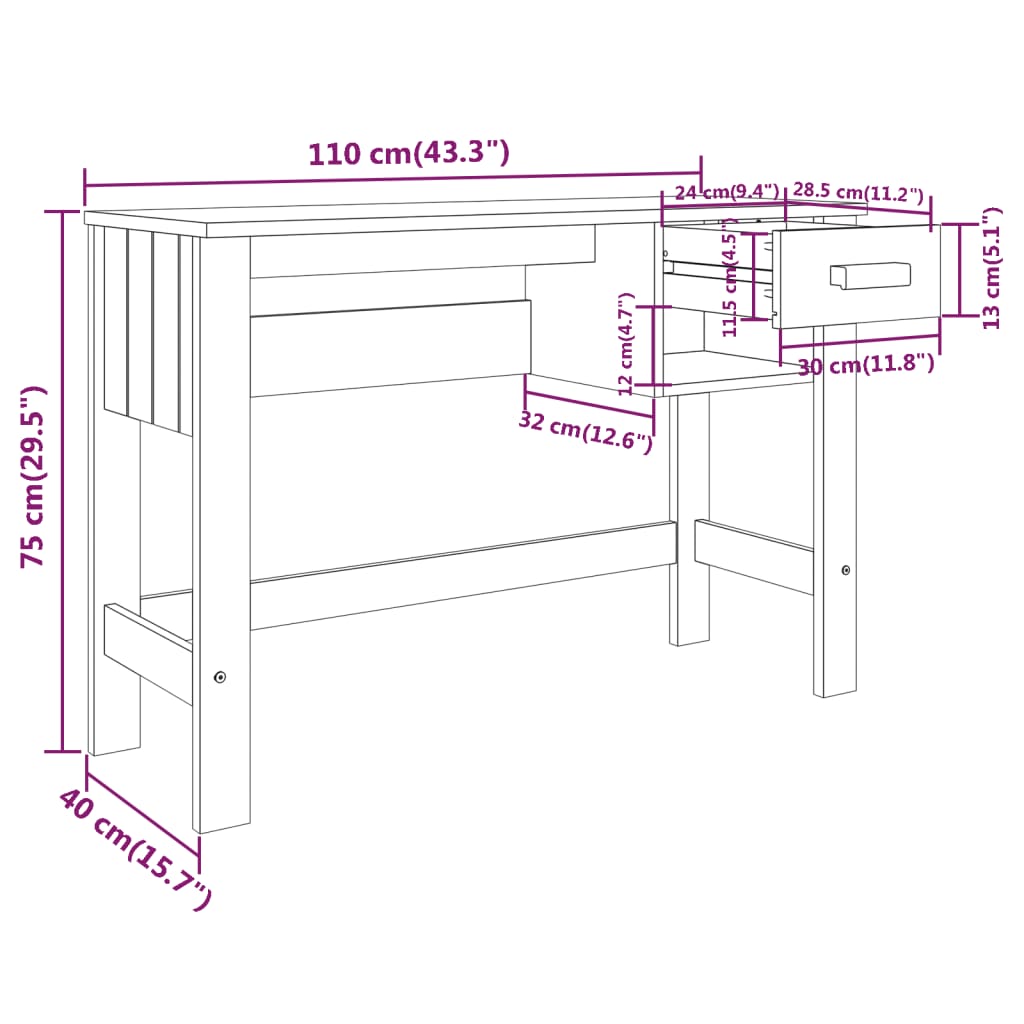 vidaXL Escritorio HAMAR madera de pino maciza marrón miel 110x40x75 cm