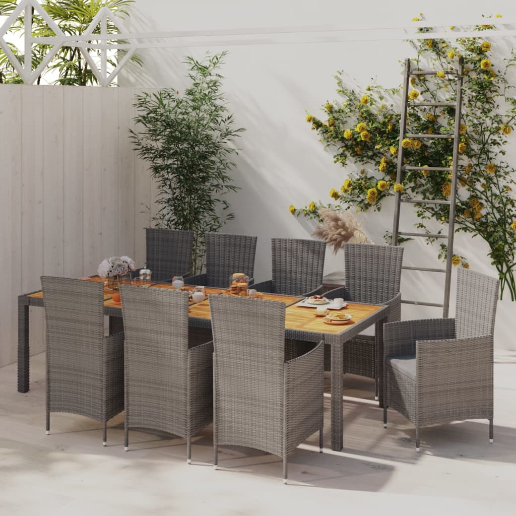 vidaXL Set de comedor de jardín 9 pzas y cojines ratán sintético gris