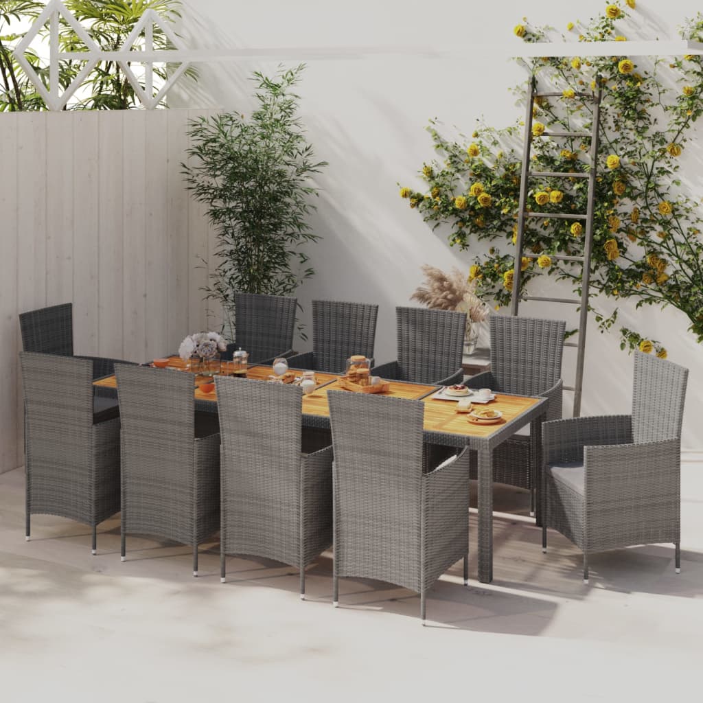 vidaXL Set de comedor de jardín 11 pzas y cojines ratán sintético gris