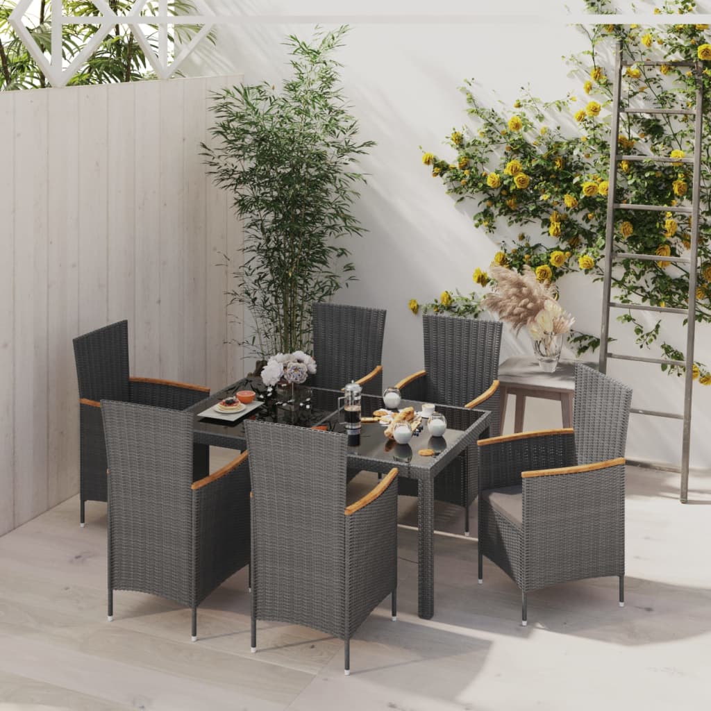 vidaXL Set de comedor jardín 7 pzas cojines ratán sintético negro gris