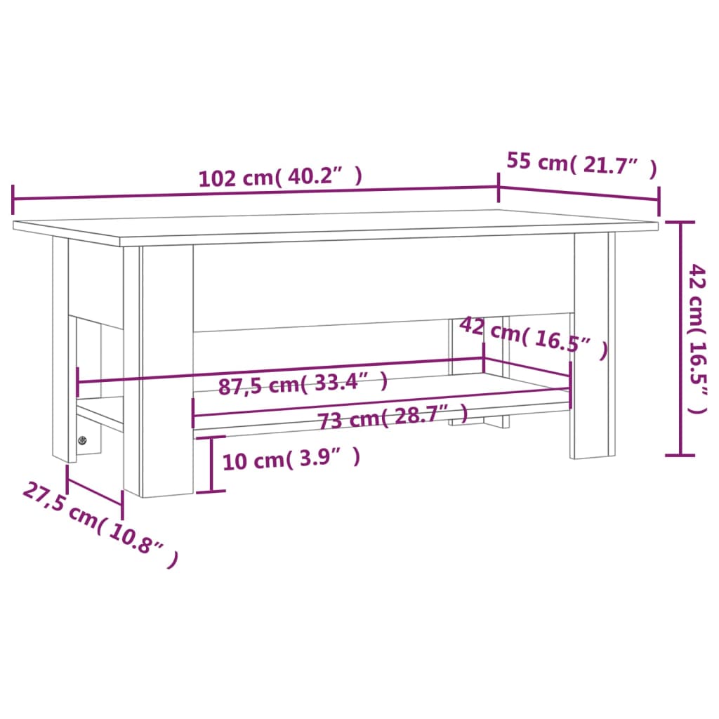 vidaXL Mesa de centro madera de ingeniería blanca 102x55x42 cm