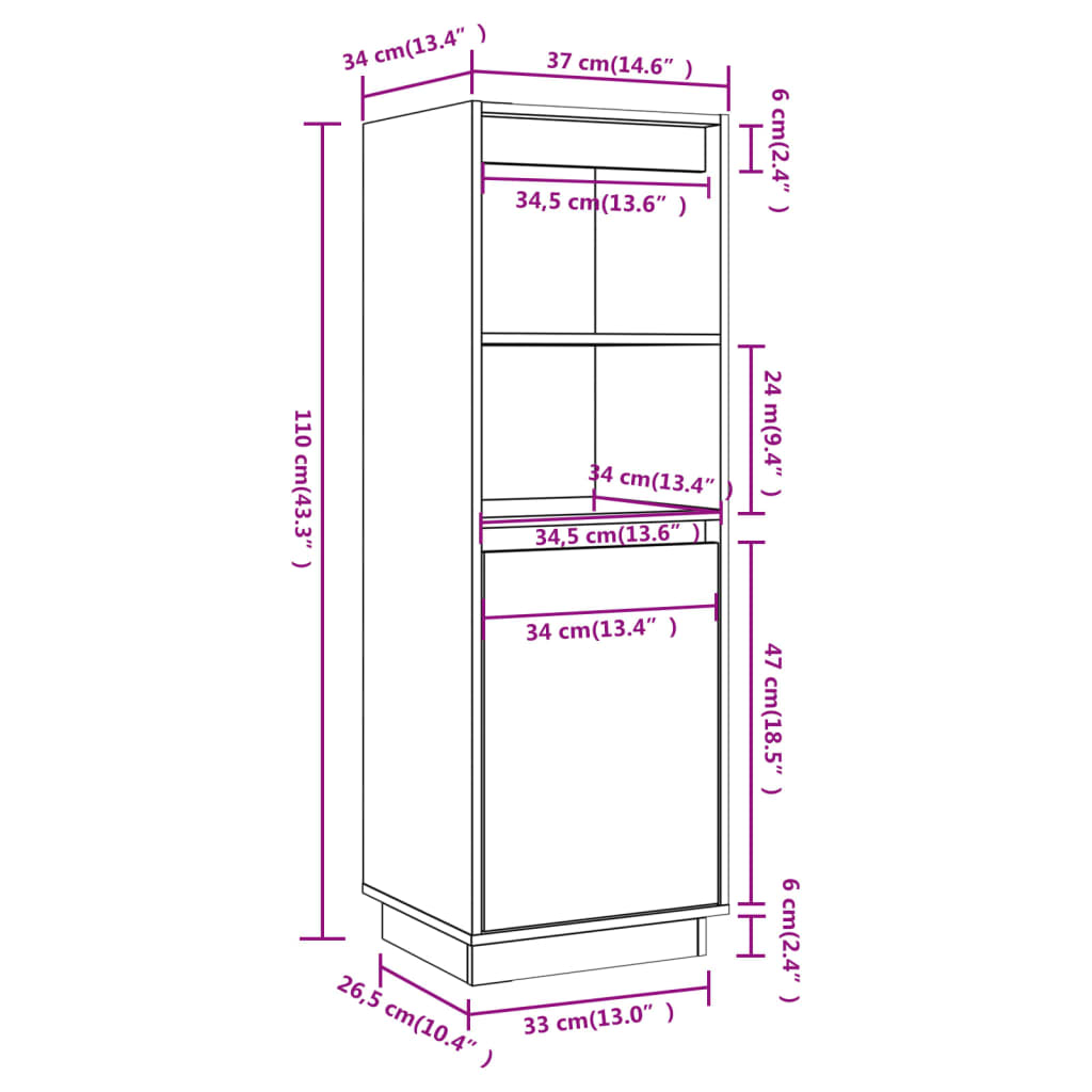 vidaXL Aparador alto de madera maciza de pino banco 37x34x110 cm