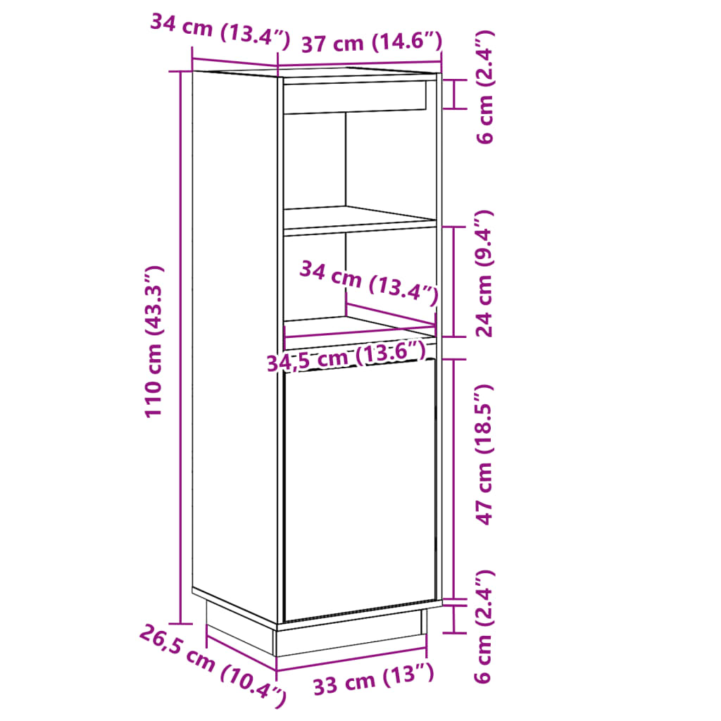 vidaXL Aparador alto de madera maciza de pino negro 37x34x110 cm