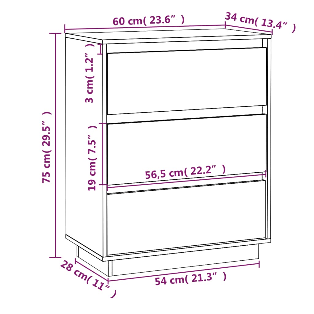 vidaXL Aparador de madera maciza de pino 60x34x75 cm