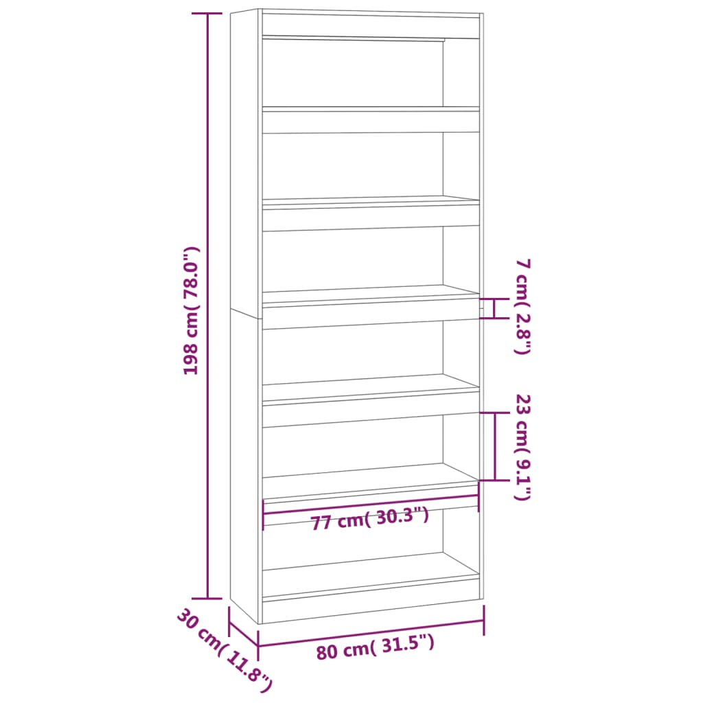 vidaXL Estantería/divisor madera ingeniería blanco brillo 80x30x198 cm