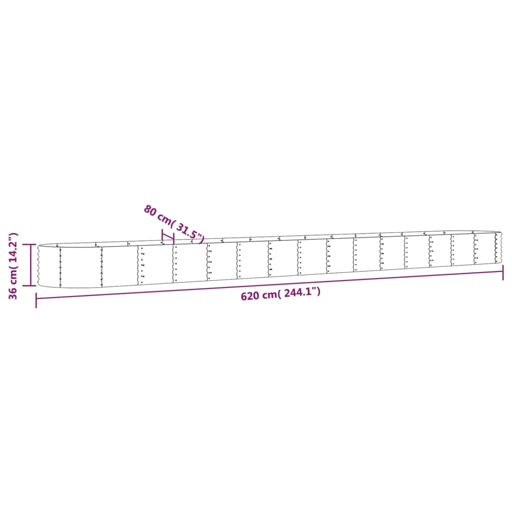 vidaXL Jardinera arriate acero recubrimiento polvo plata 620x80x36 cm