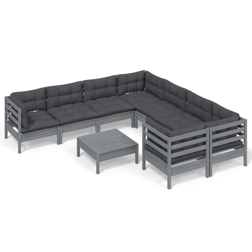 vidaXL Muebles de jardín 9 pzas y cojines gris madera de pino